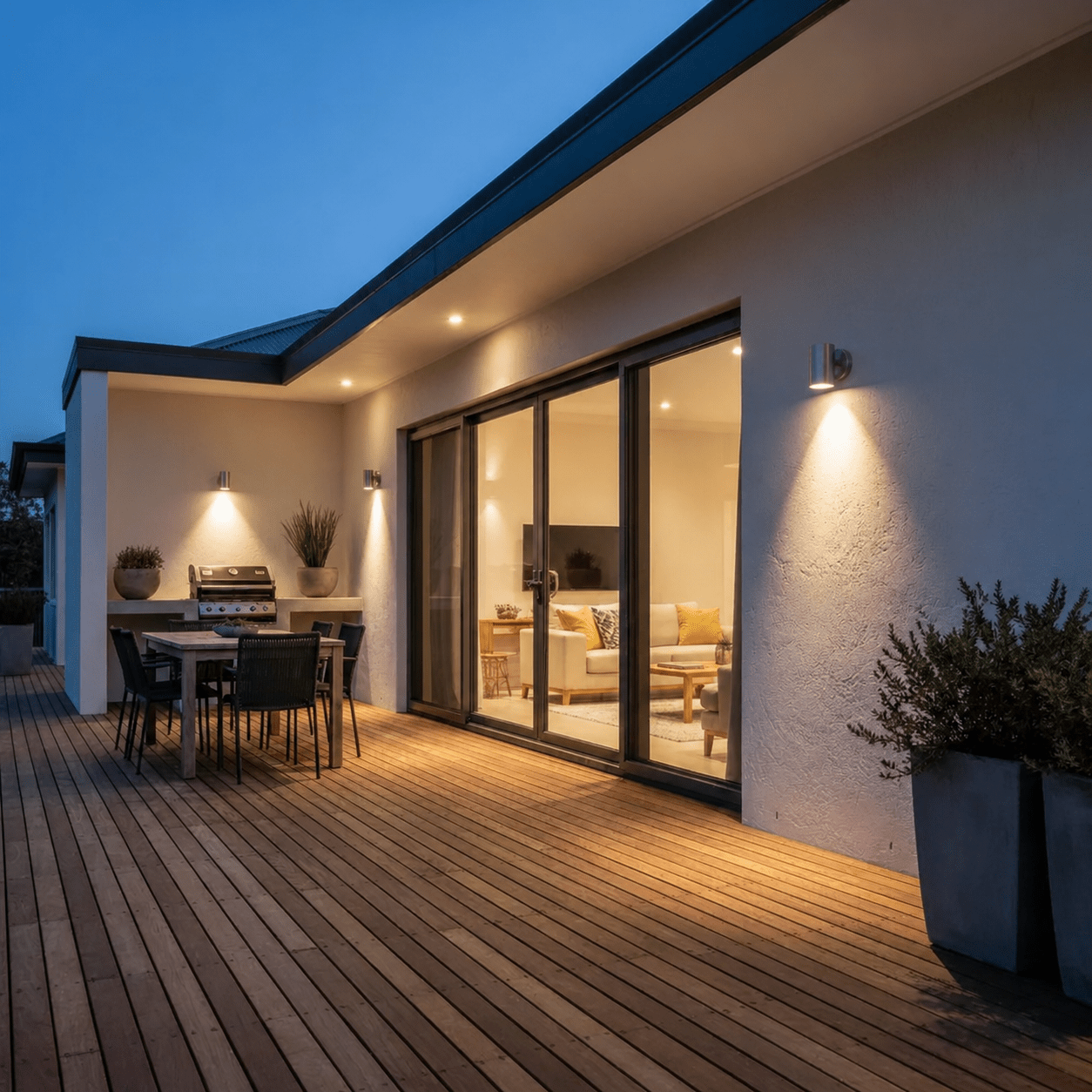 Outdoor wall lights illuminate a wooden deck area with a dining table and grill, creating a warm ambiance.