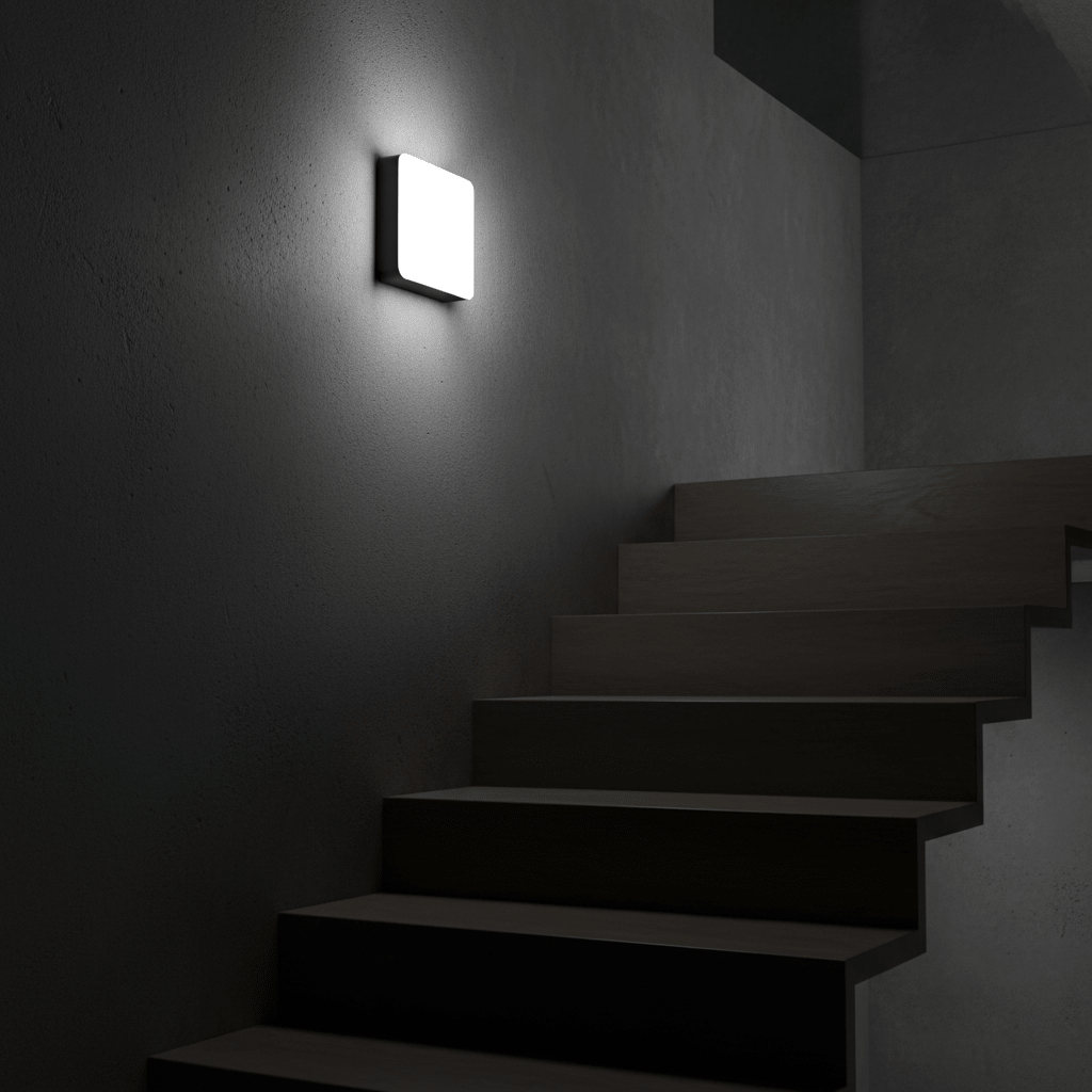 Modena CCT Outdoor LED Wall Light mounted on a textured wall, illuminating a staircase with soft light.