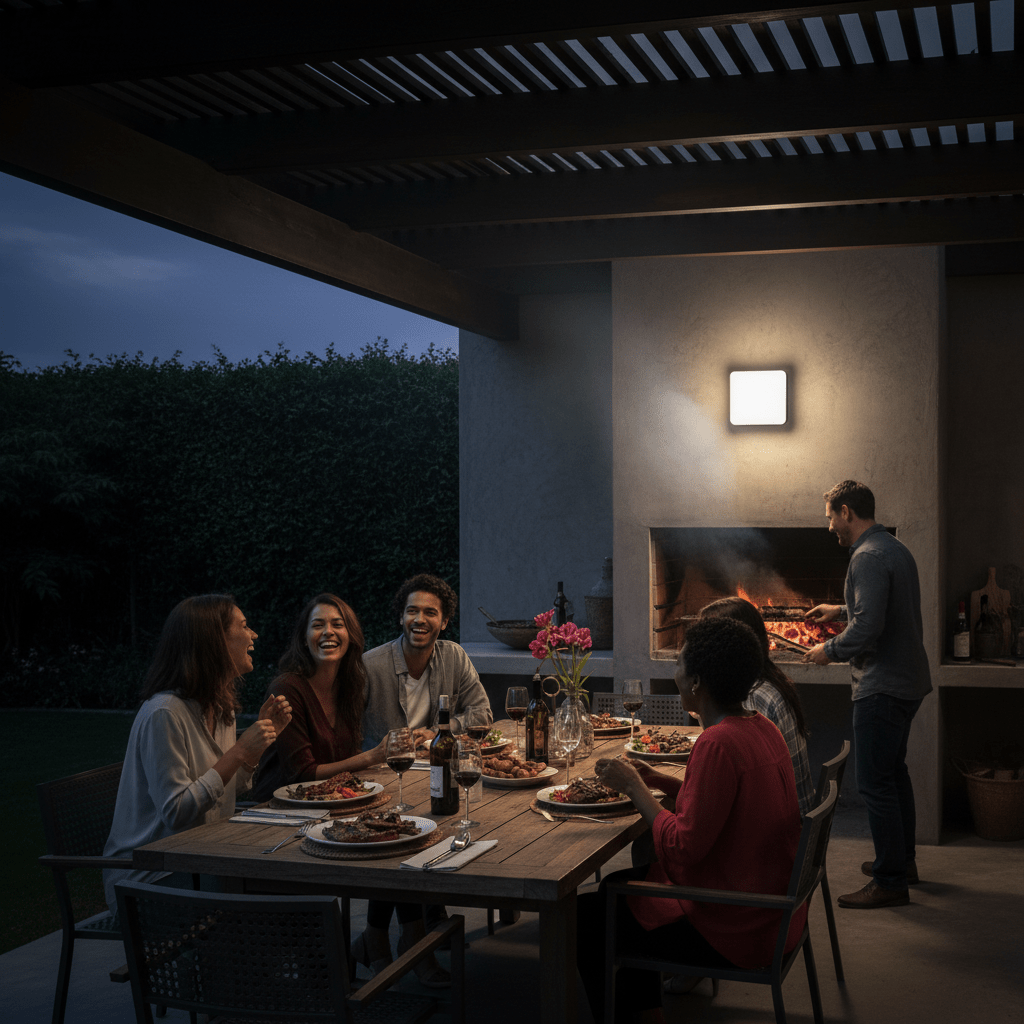 Outdoor scene featuring a group enjoying dinner under a covered patio, illuminated by a square wall light.