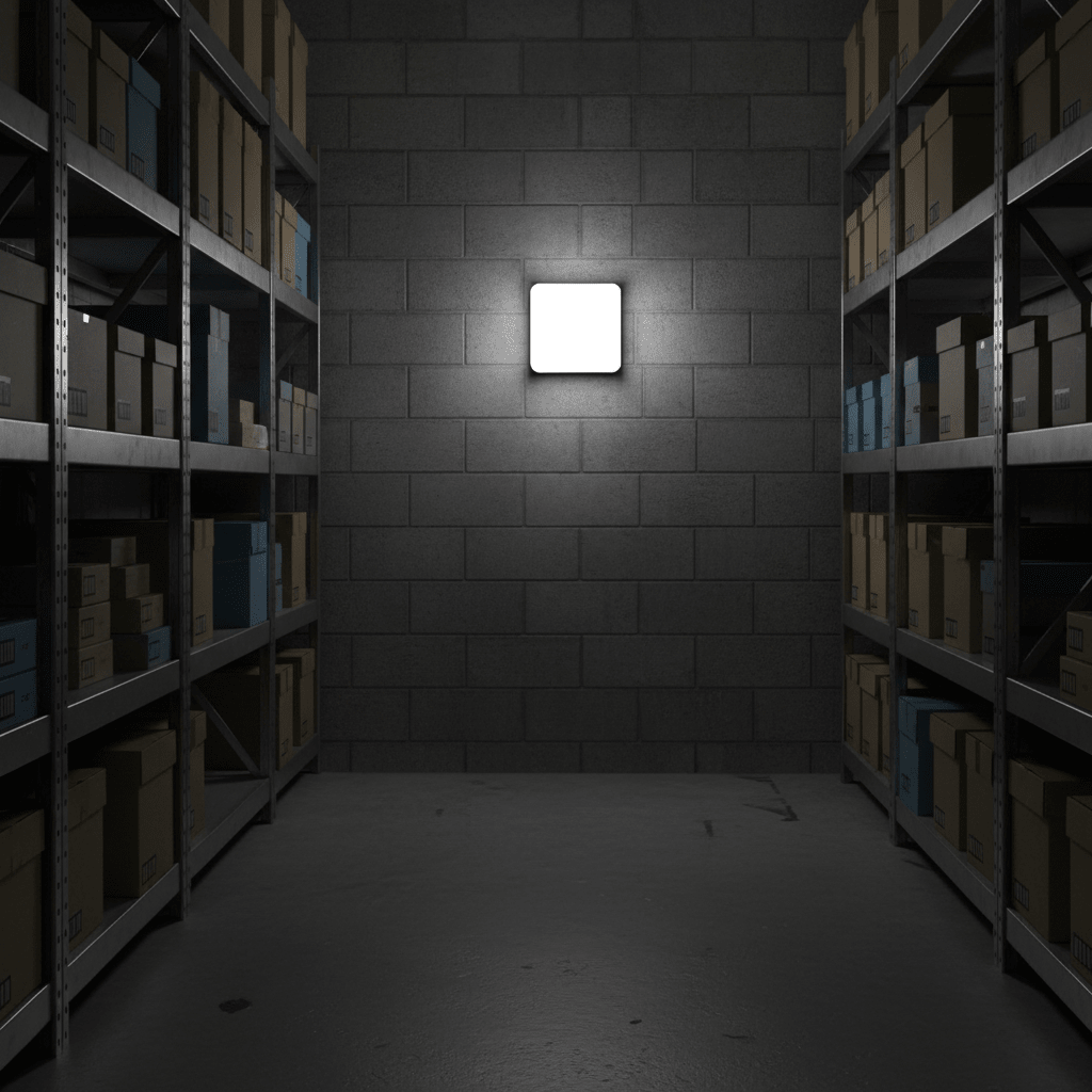 Square LED wall light illuminating a dark storage area with shelves of boxes.