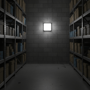 Square LED wall light illuminating a dark storage area with shelves of boxes.