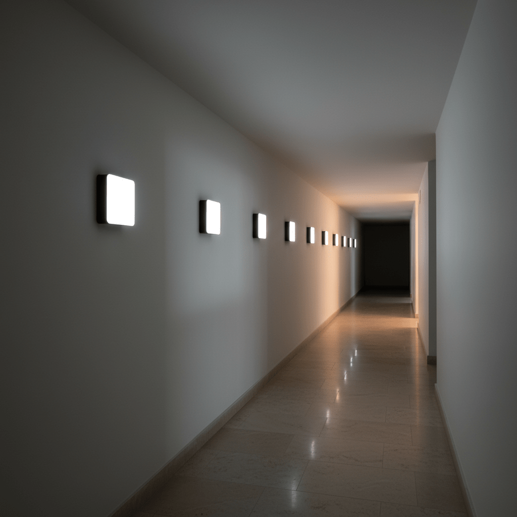 A corridor illuminated by multiple square LED wall lights, showcasing even lighting along the walls.