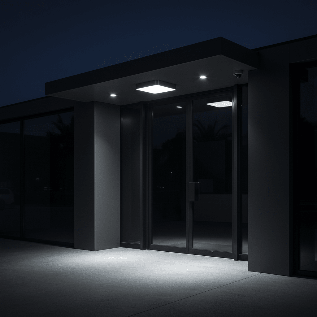 Modern outdoor wall light illuminating a sleek entrance area at night, enhancing visibility and ambiance.