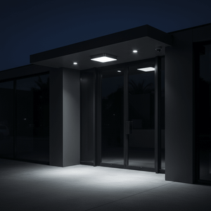 Modern outdoor wall light illuminating a sleek entrance area at night, enhancing visibility and ambiance.