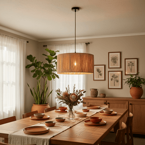 Medium raffia pendant light hanging above a wooden dining table set with dishes and a floral centerpiece.