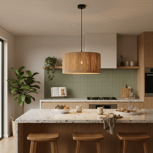 Medium raffia pendant light hanging above a kitchen island with natural wood stools and a green tiled backsplash.