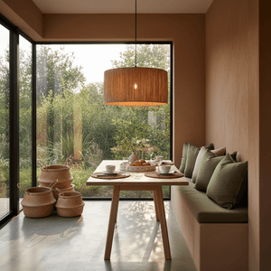 A medium raffia pendant light hangs above a wooden dining table set with plates and cups, surrounded by greenery.