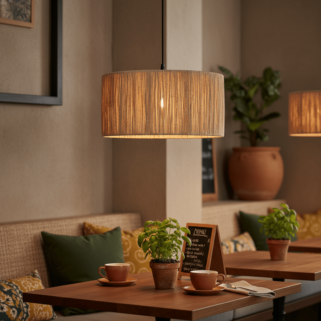 Medium raffia pendant light hanging above a cozy dining table with plants and cups.