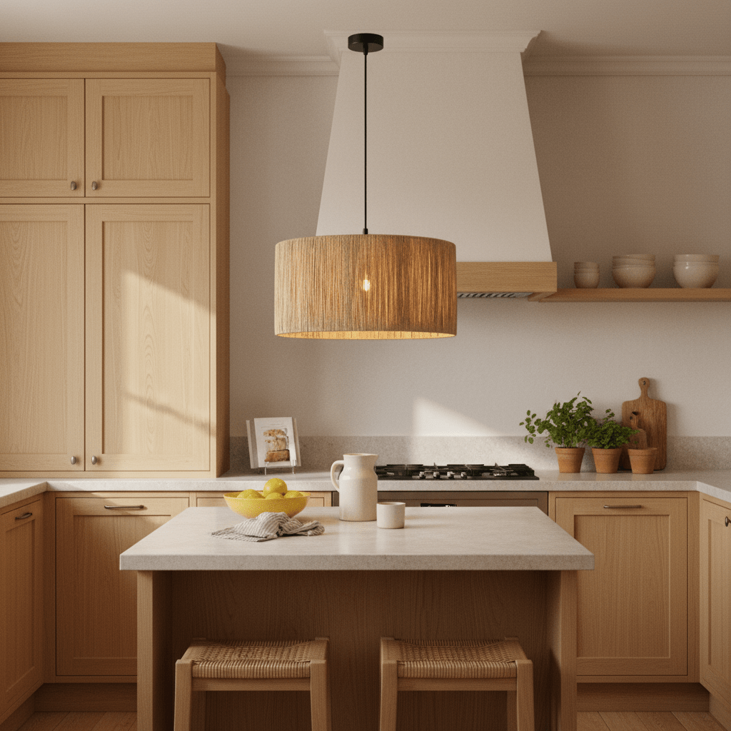 Medium pendant light with a woven raffia shade hanging above a kitchen island, surrounded by wooden cabinetry.