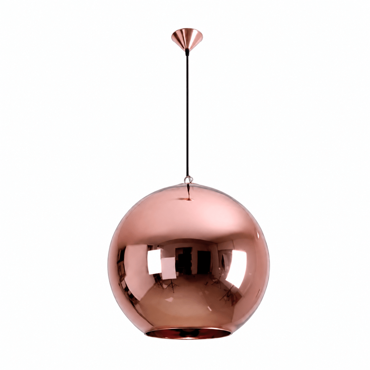 Atlas Large Copper Pendant Light with reflective copper finish, suspended by a black cord, against a white background.