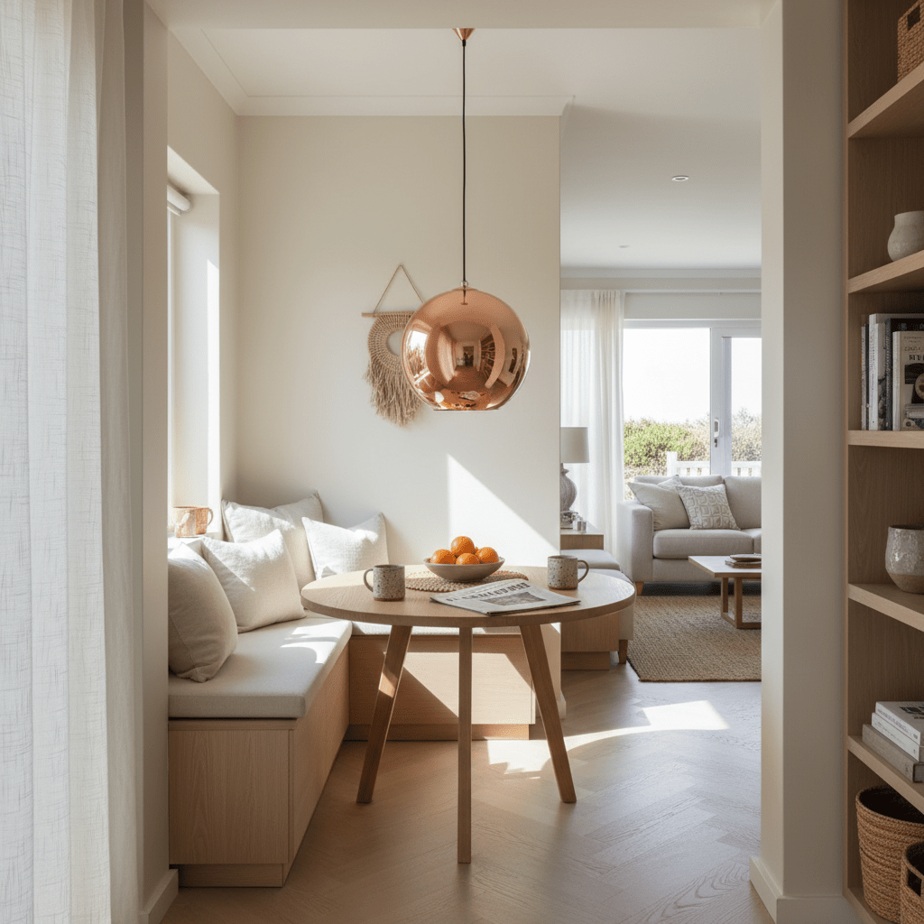 Copper pendant light hanging over a round wooden dining table with a cozy seating nook, bright natural light filling the