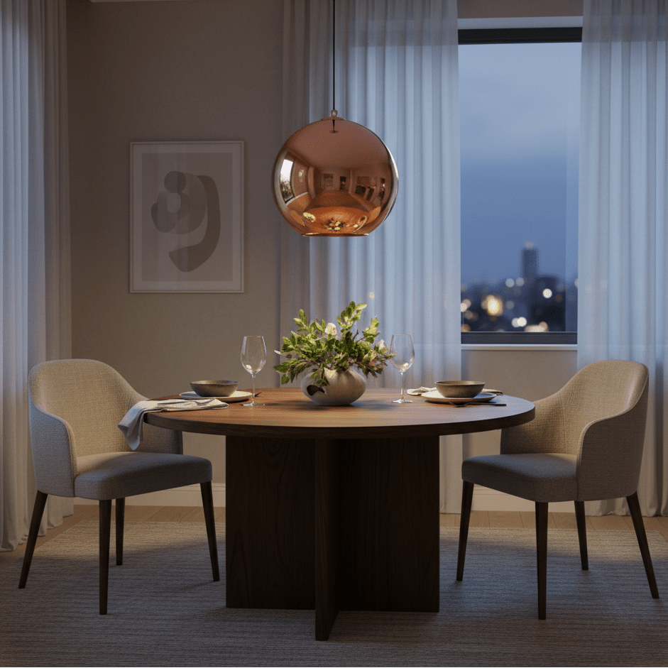 Copper pendant light hanging above a round dining table set for two, with chairs and a decorative centerpiece, in a softly