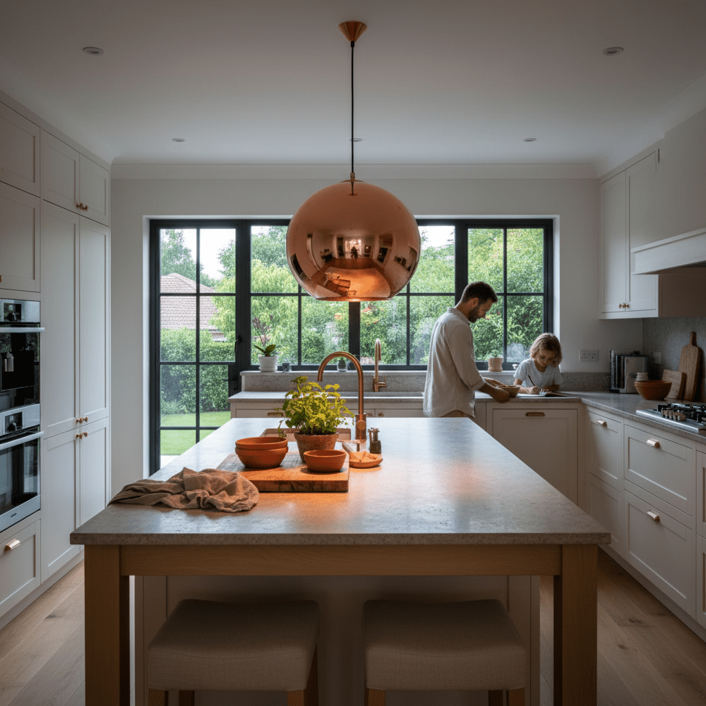 Large copper pendant light hanging over a kitchen island with a man and child preparing food, large windows in the