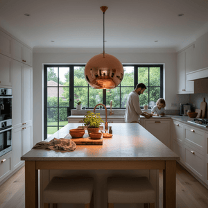 Large copper pendant light hanging over a kitchen island with a man and child preparing food, large windows in the