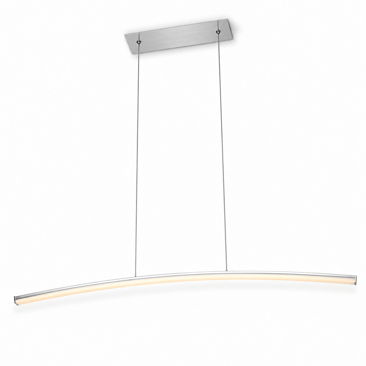 Sleek Maybe Someday Bow LED Pendant light with a gentle curve, suspended from a ceiling mount.