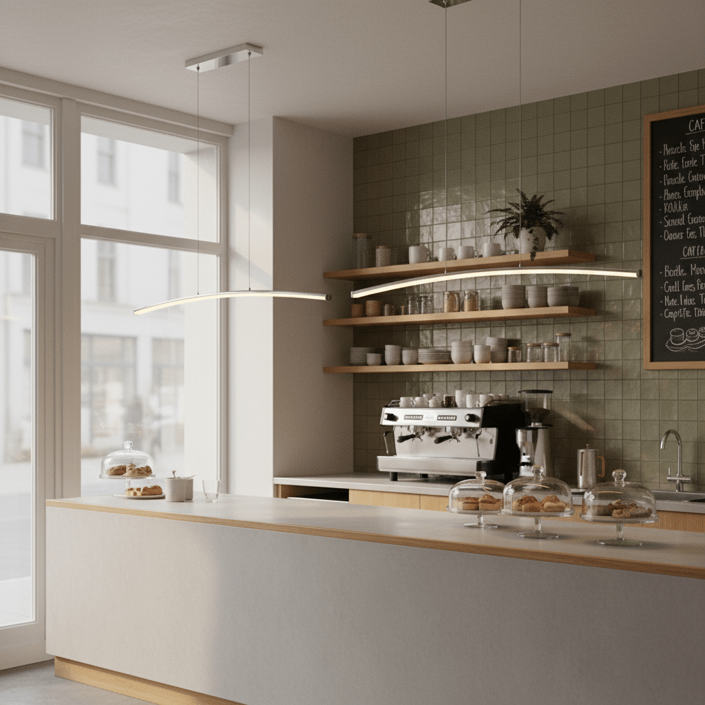 Sleek Maybe Someday Bow LED Pendant light illuminating a modern café counter with pastries and coffee machine.