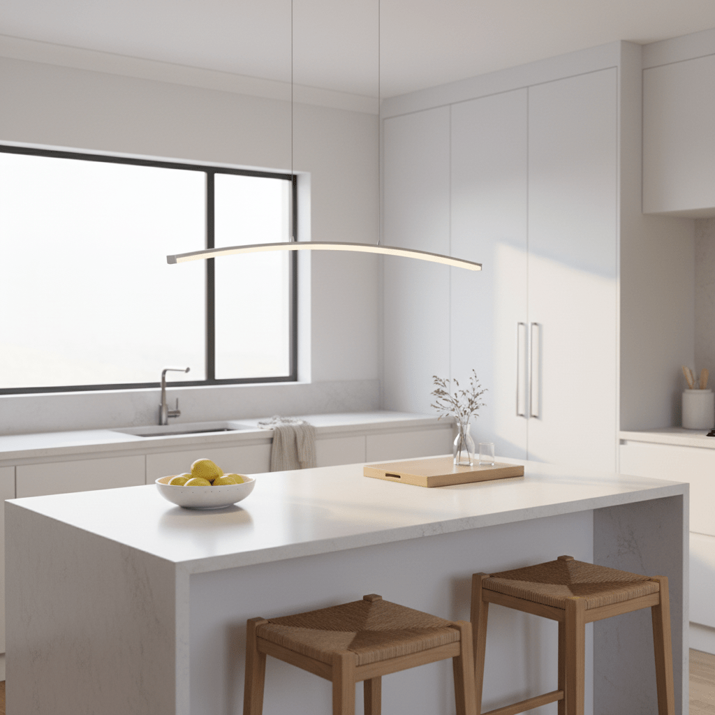 Sleek Maybe Someday Bow LED Pendant light hanging above a modern kitchen island with a bowl of lemons.