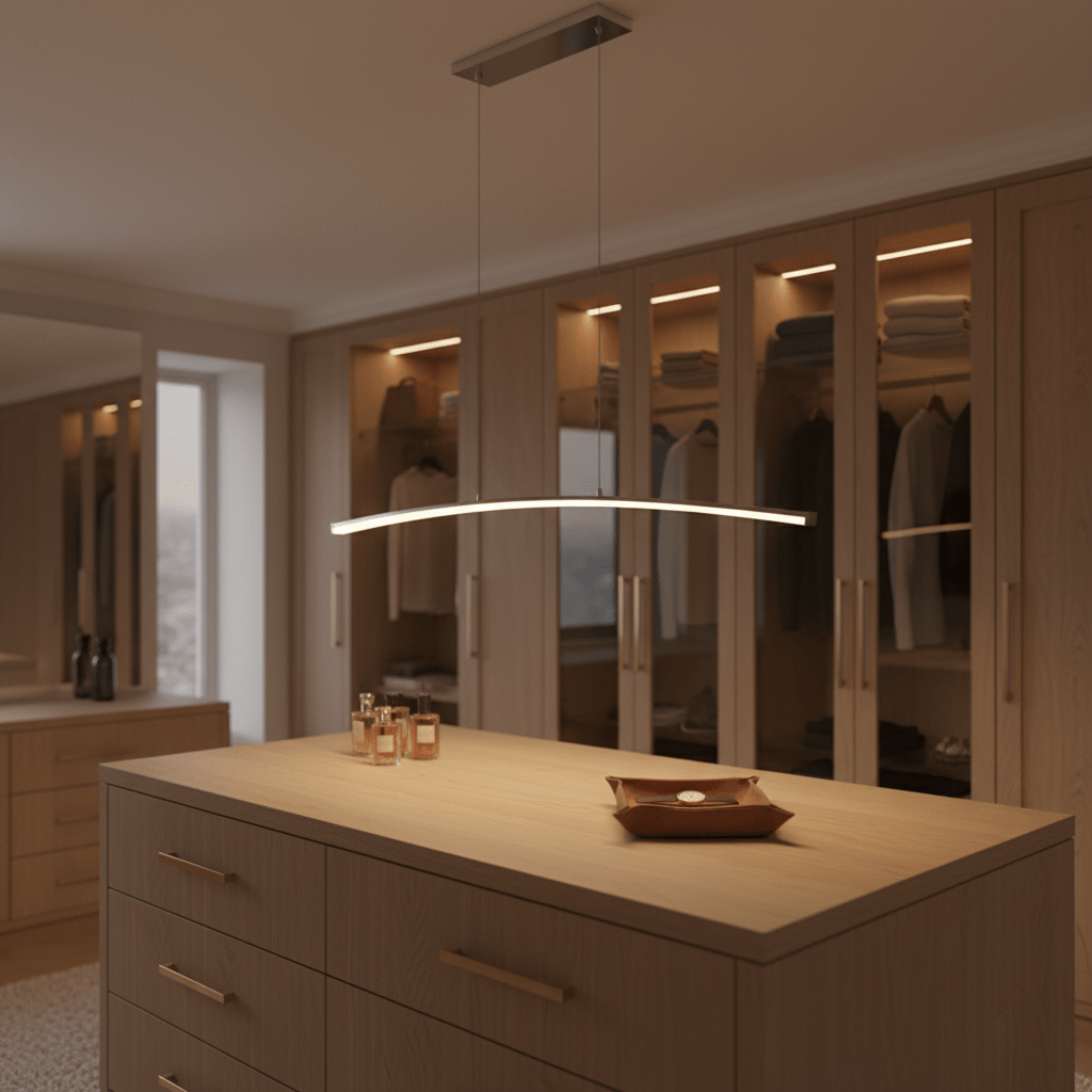 Sleek Maybe Someday Bow LED Pendant light hanging above a wooden dresser with decorative items.