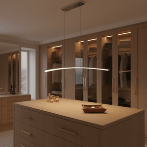 Sleek Maybe Someday Bow LED Pendant light hanging above a wooden dresser with decorative items.