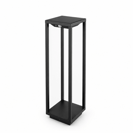 Vertigo Solar Bollard in black die-cast aluminium with polycarbonate diffuser, showcasing a sleek design.