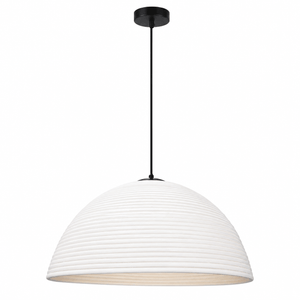 Small antique white rattan pendant light with a textured shade and black suspension cable.