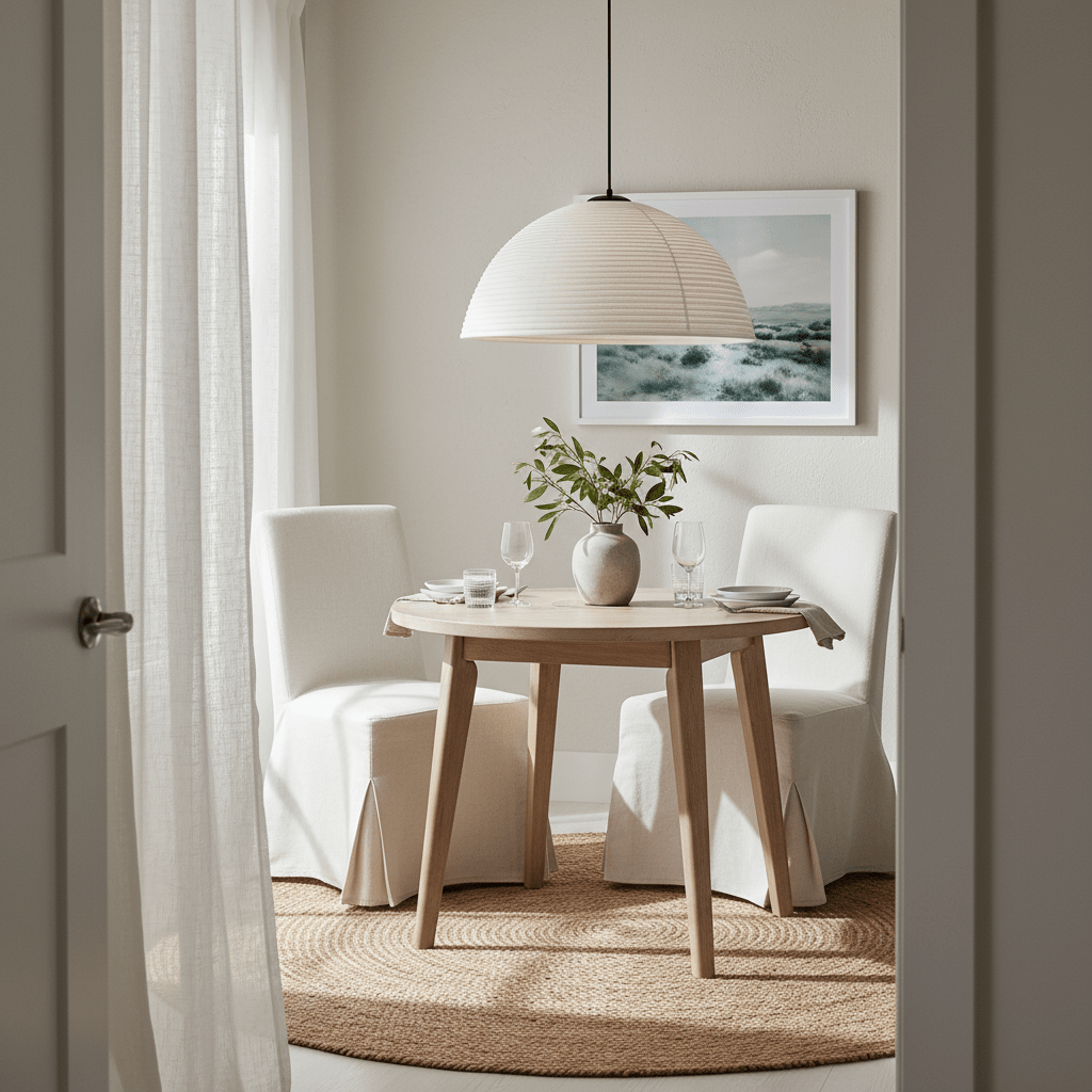 A small dining area featuring a handwoven rattan pendant light above a wooden table with two chairs and decorative elements.