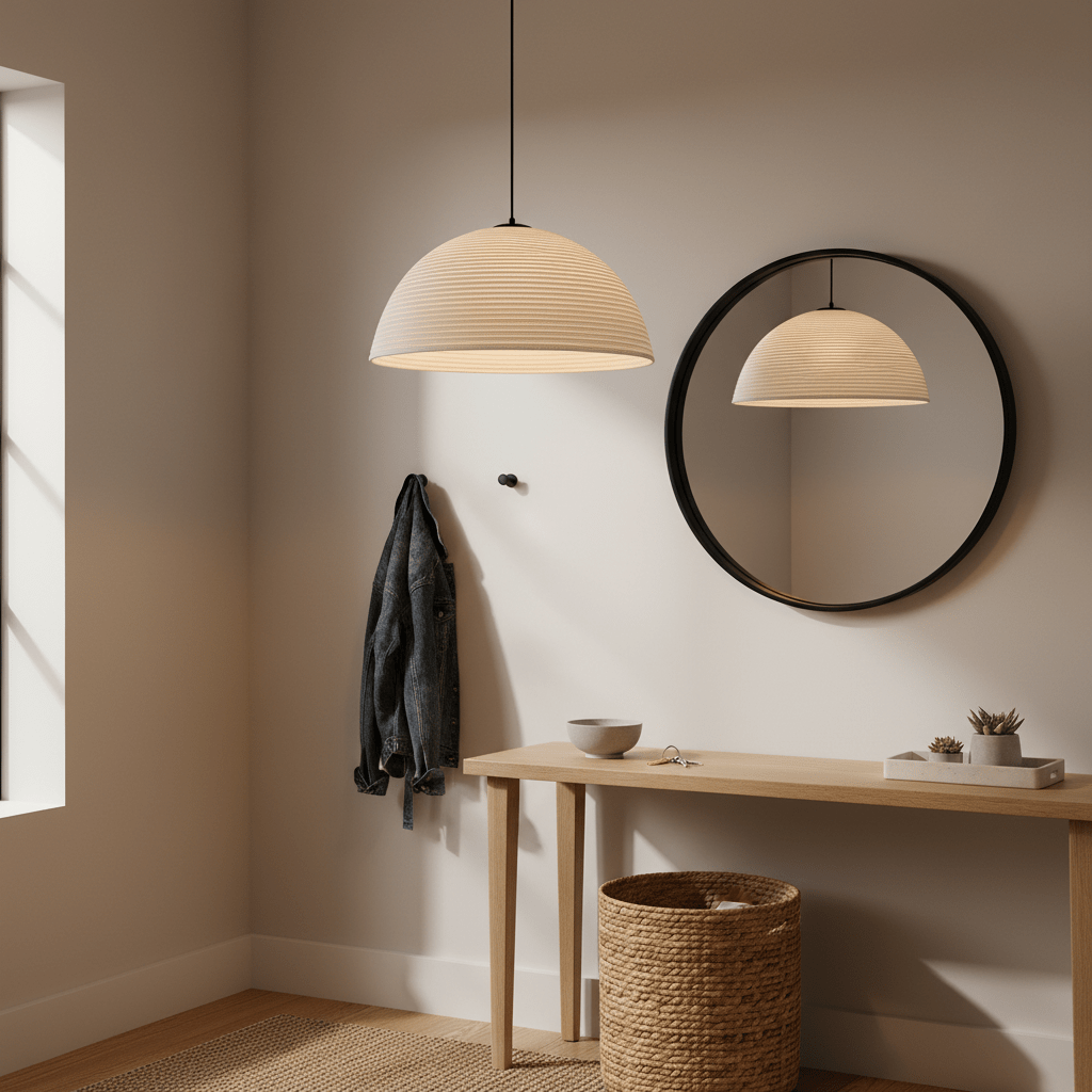 Antique white rattan pendant light hanging above a wooden table with decor and a mirror in a cozy entryway.