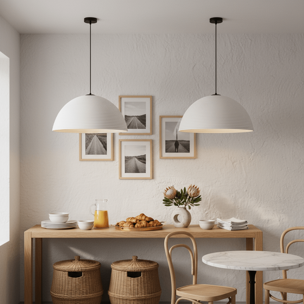Detail of a dining area featuring a small rattan pendant light above a wooden table with plates and pastries.