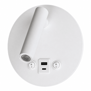 A minimalist white wall-mounted LED light fixture with a cylindrical arm, a central USB-C charging port, and two small round control buttons on a clean white background.