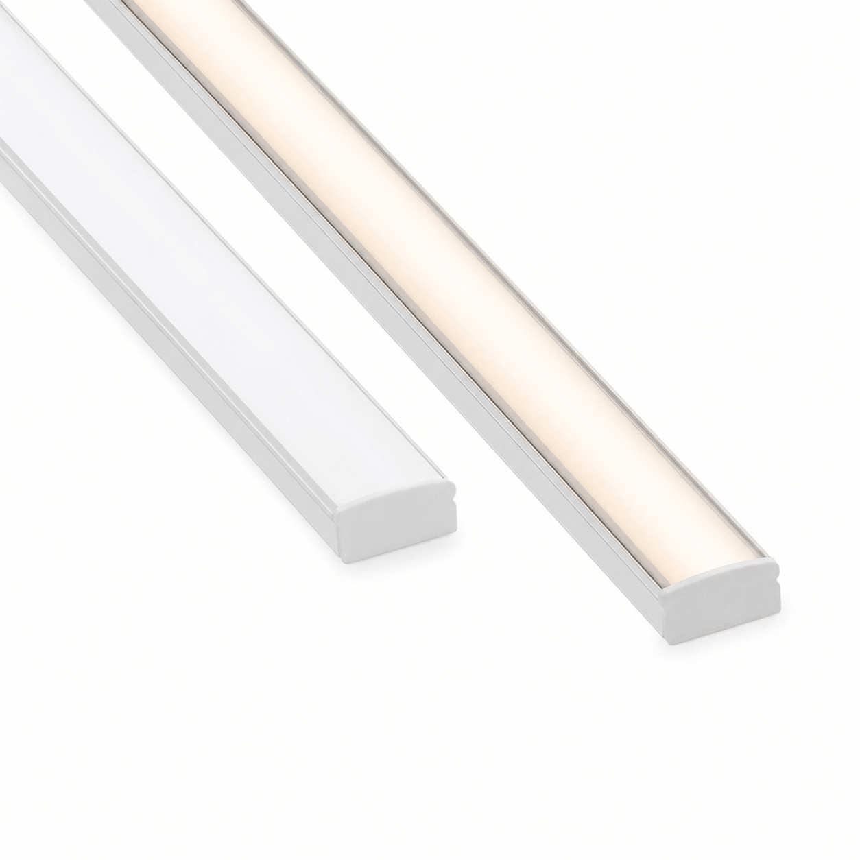 LED extrusion with frosted cover, showcasing a sleek white A6 profile, ideal for under-cabinet lighting.