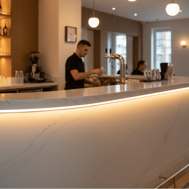 Neon Flex LED Strip Light illuminating a curved bar countertop in a modern cafe setting.