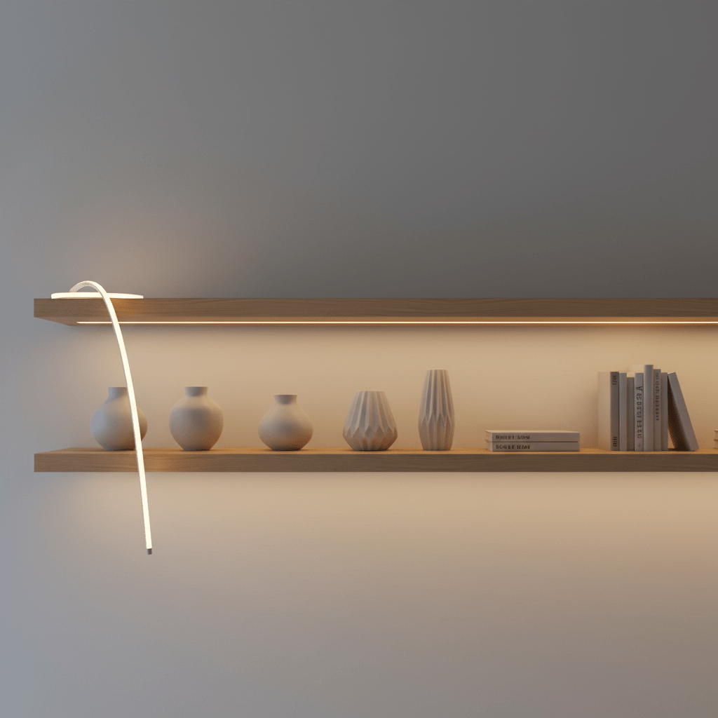 Neon Flex LED Strip Light illuminating a wooden shelf with decorative vases and books.