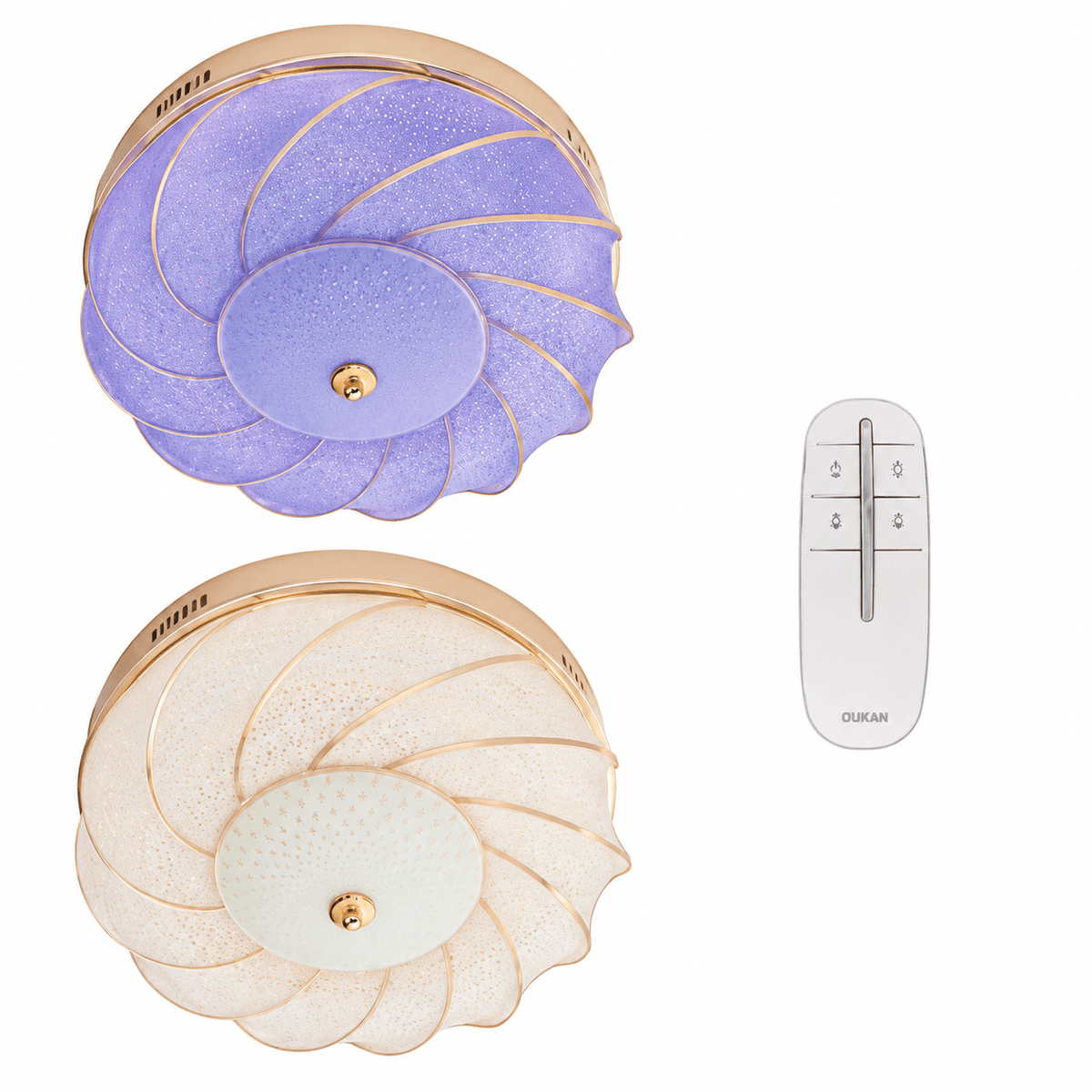 Flush‑mount ceiling light with textured glass and polished gold trim, shown from top view.