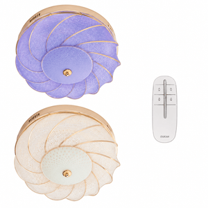 Flush‑mount ceiling light with textured glass and polished gold trim, shown from top view.