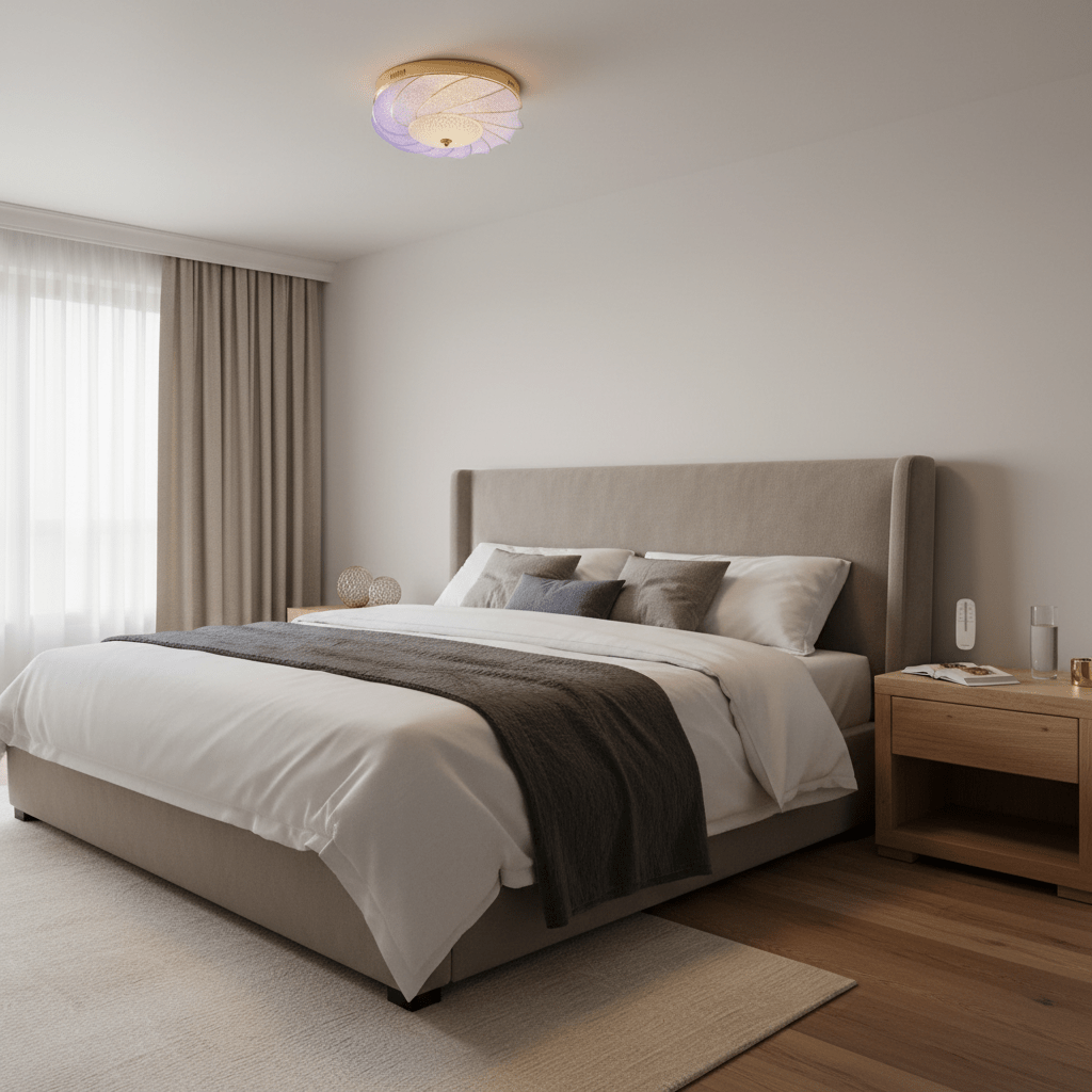 Polished gold flush‑mount ceiling light with textured glass shade, glowing in a bedroom