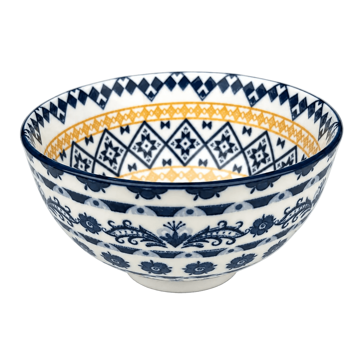 Mini ceramic bowl featuring orange and blue diamond patterns, with a glossy white finish and decorative floral designs.