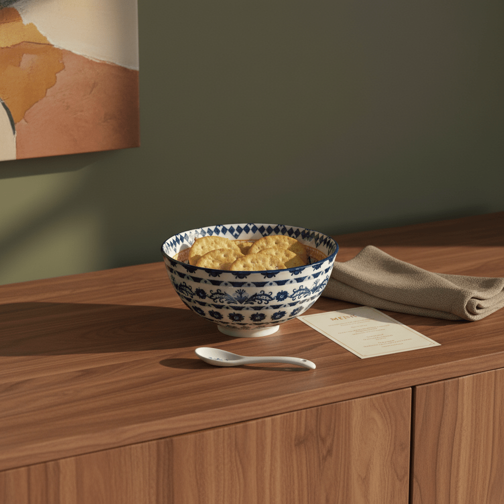 A mini ceramic bowl with orange and blue diamond patterns sits on a wooden surface, filled with crackers, alongside a spoon and a folded cloth.