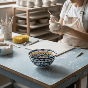 A mini ceramic bowl with orange and blue diamond patterns sits on a light blue table, surrounded by pottery tools and materials.