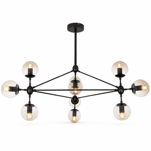 Black and amber chandelier with ten glass shades, featuring a modern design and elegant structure.
