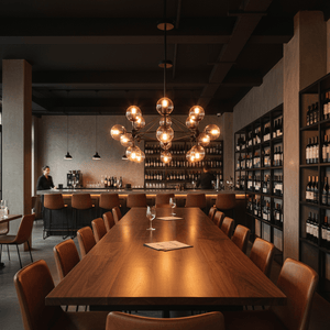 A stylish black and amber chandelier hangs over a long wooden dining table in a modern restaurant setting.