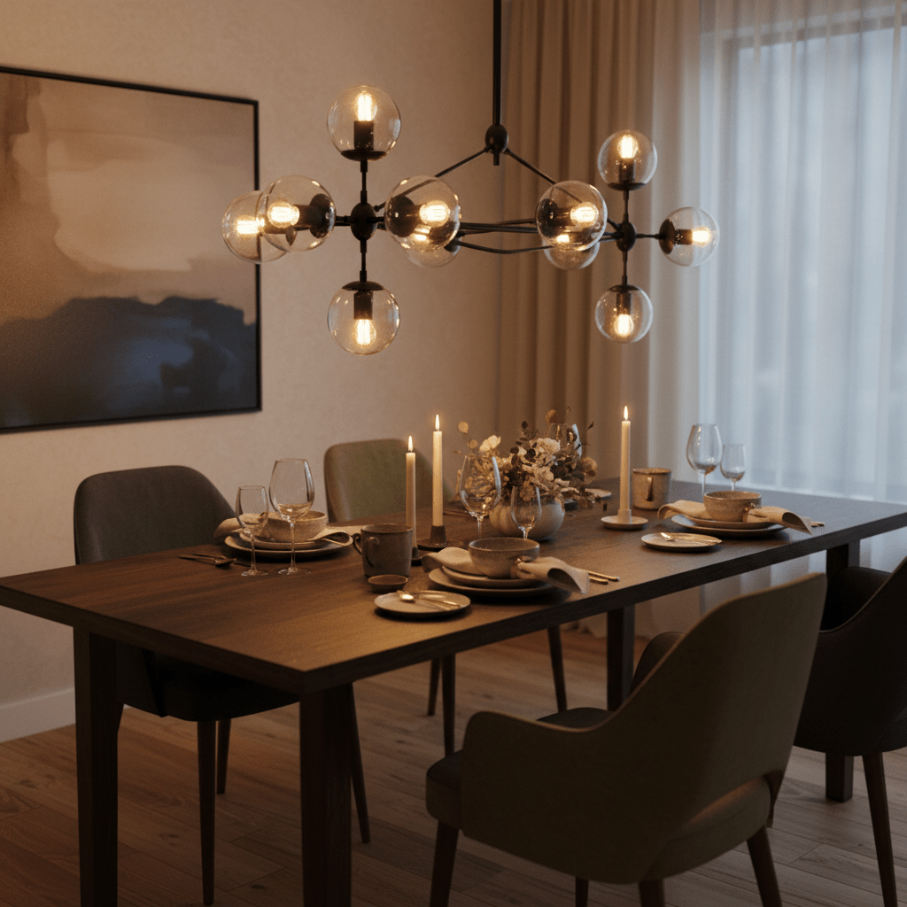 Stylish black and amber chandelier above a dining table set with plates and candles, creating a warm ambiance.