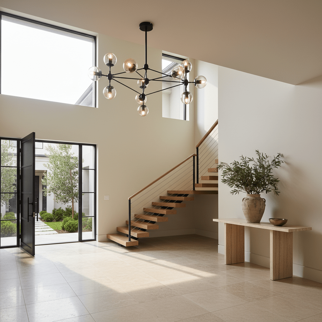 Stylish black and amber chandelier hanging in a modern foyer with a staircase and natural light.