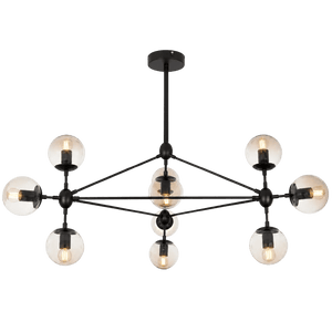 Black and amber chandelier with ten glass shades, featuring a modern design and elegant structure.