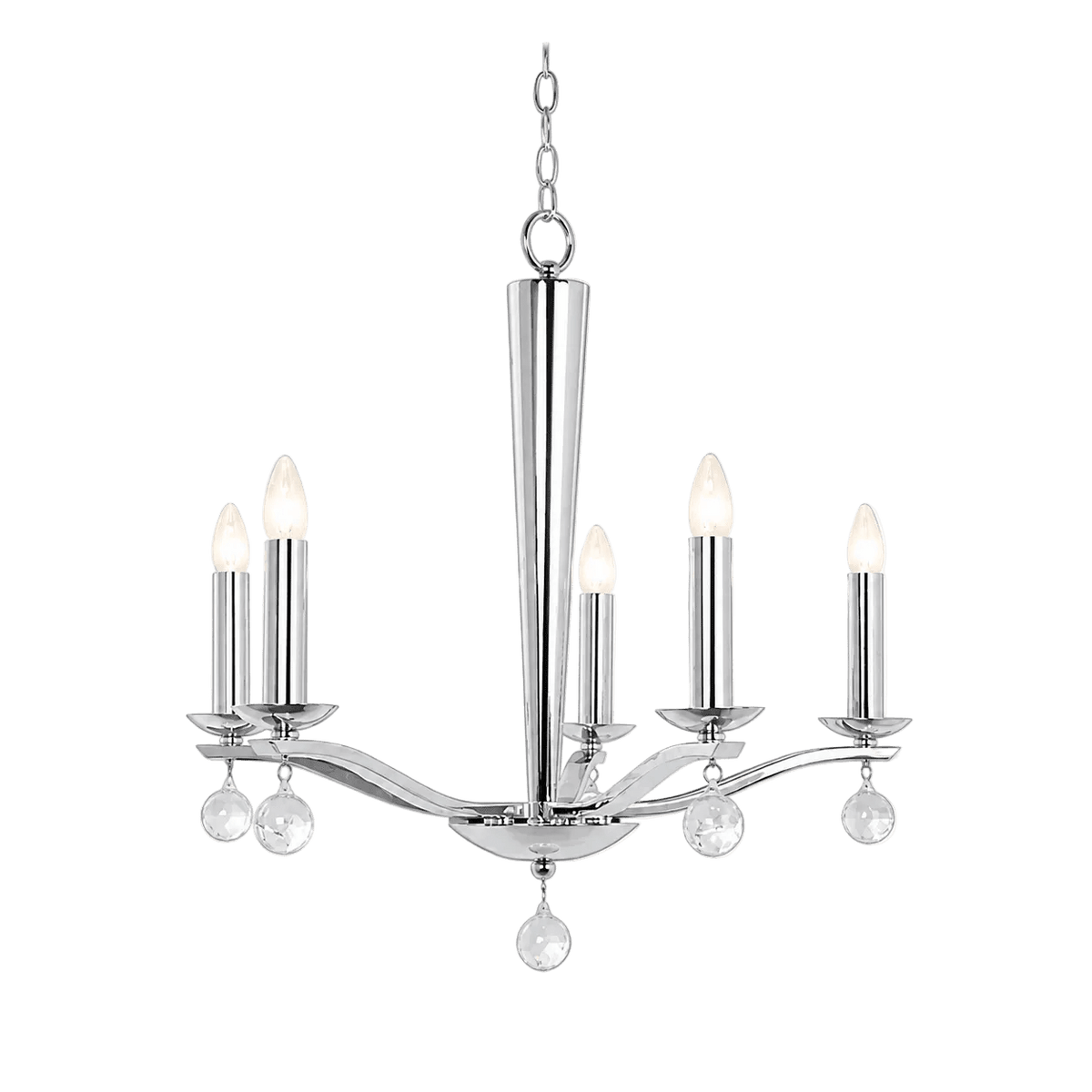 A chrome 5-arm candelabra chandelier with five candle-like bulbs and crystal accents.