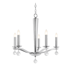 A chrome 5-arm candelabra chandelier with five candle-like bulbs and crystal accents.