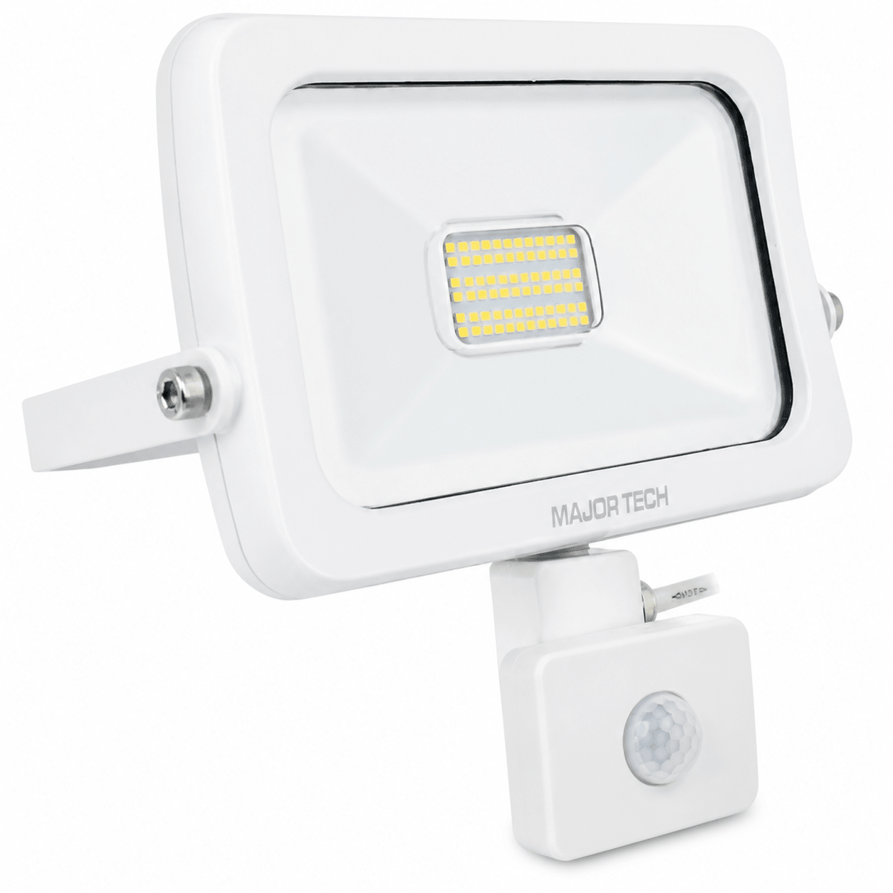 White 30W LED motion sensor floodlight with adjustable head and sensor, ideal for outdoor lighting.