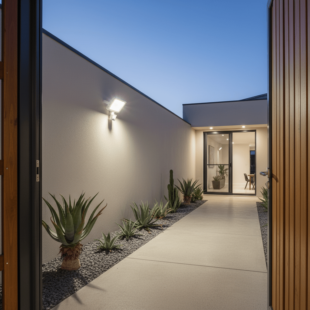 LED motion sensor floodlight illuminating a modern walkway with plants at dusk.
