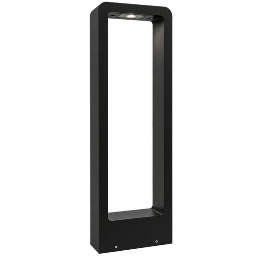 Black rectangular bollard light with open centre and illuminated top on transparent background