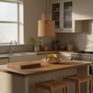 Natural cane pendant light hanging above a kitchen island with a fruit bowl and wooden countertop.