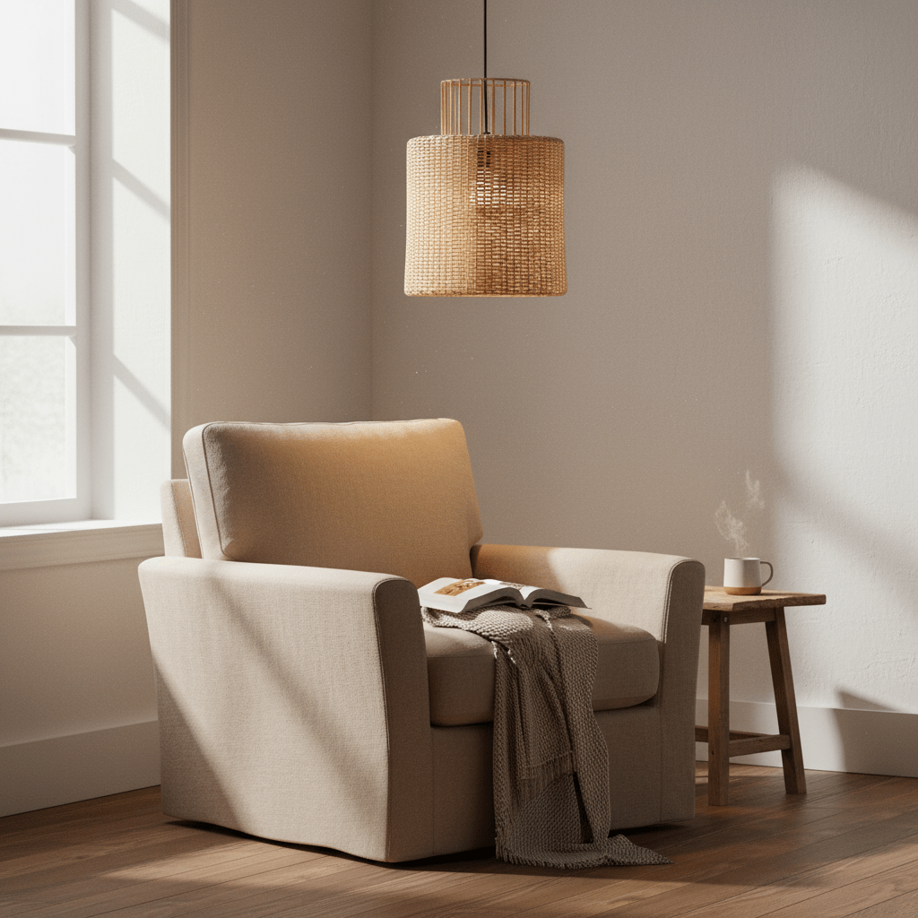 Natural cane pendant light hanging above a cozy armchair with a book and a cup on a side table.
